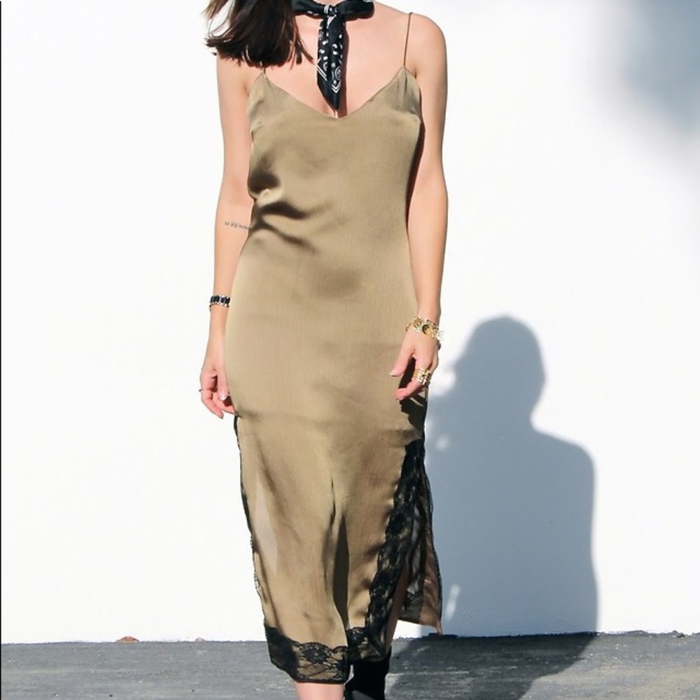 Green Zara slip dress with black lace detailing